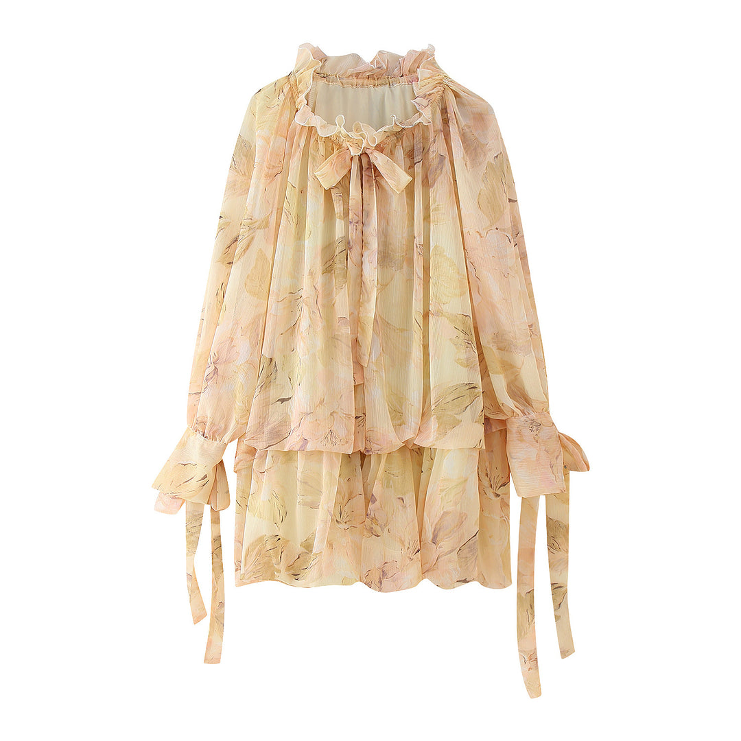 Damen Chiffonbluse mit floralem Design und voluminösen Ärmeln EB