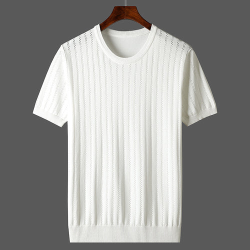 Damen Kurzarm Strickoberteil mit feinem Liniendesign und komfortablem Schnitt EB