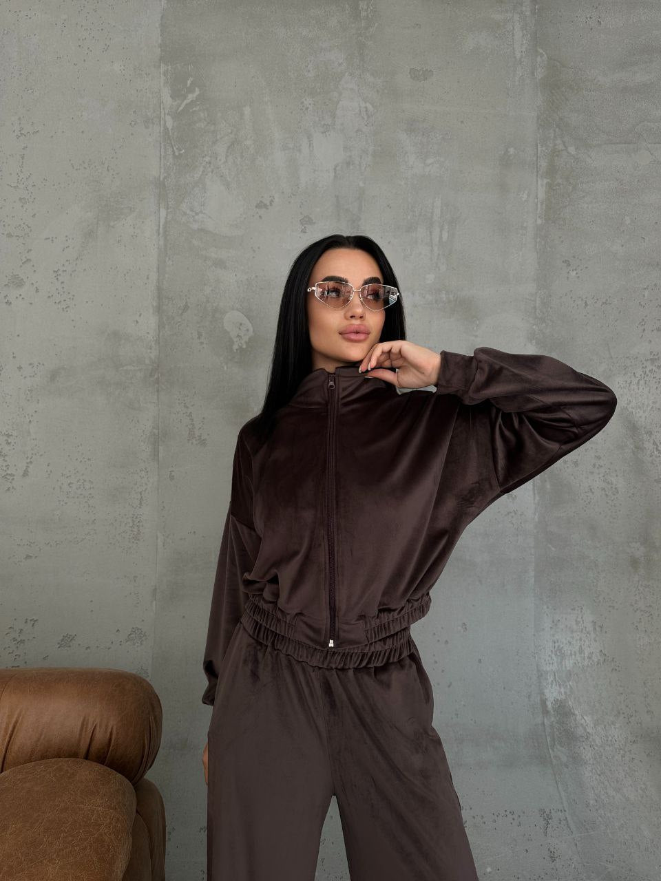 Damen Samt-Loungewear-Set mit kurzem Reißverschluss und geraffter Taillenpartie EB