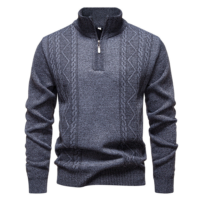 Herren nan gehobener Strickpullover mit Halbzip, Stehkragen und dekorativem Zopfmuster EB