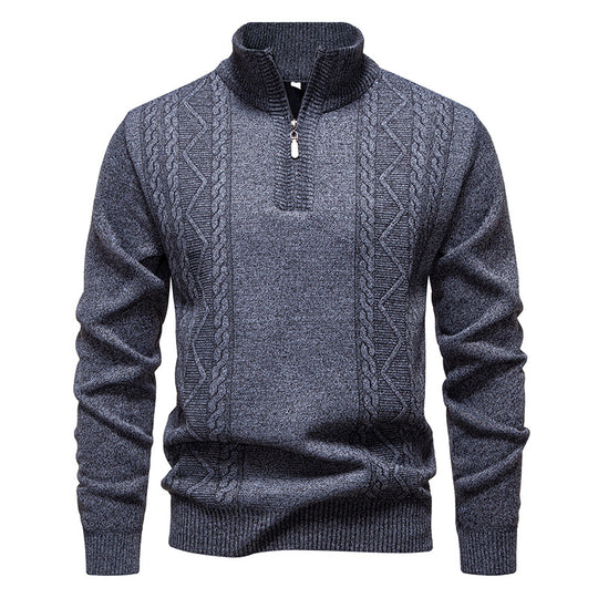 Herren nan gehobener Strickpullover mit Halbzip, Stehkragen und dekorativem Zopfmuster EB
