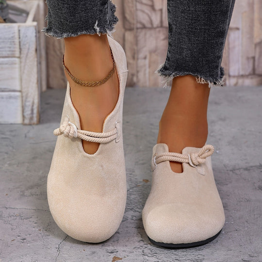 Damen  legere Ballerina Halbschuhe aus Veloursoptik mit dekorativer Knotenlasche und flexibler rutschfester Sohle EB
