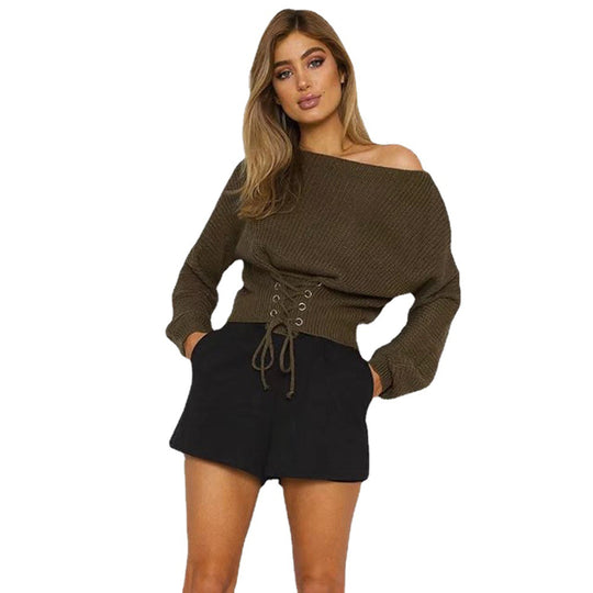 Damen cropped Strickpullover mit fransigen Details und dekorativer Schnürung EB