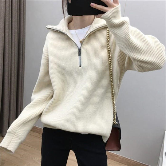 Damen Leichter Strickpullover mit hohem Kragen und Reißverschluss EB