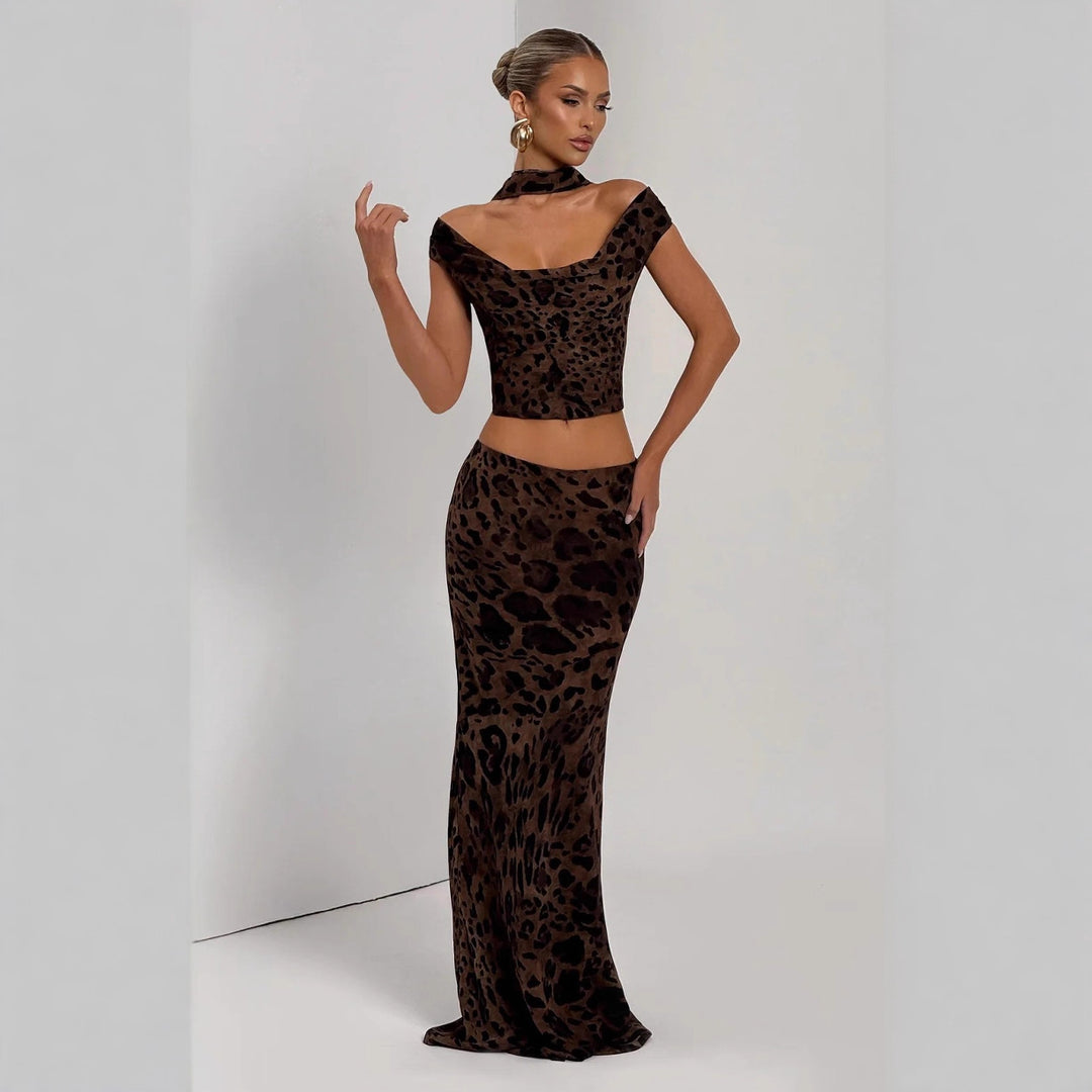 Damen Elegantes Set aus Crop-Top und Maxirock mit Leopardenmuster EB