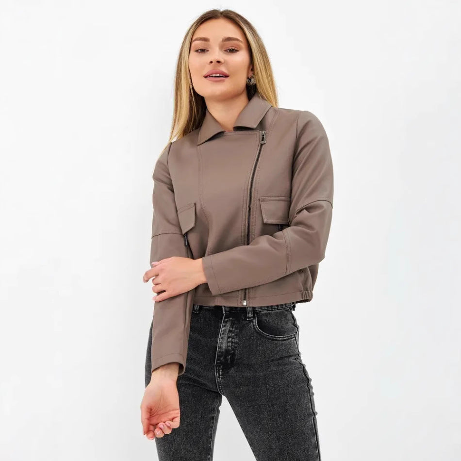 Damen cropped Kunstlederjacke mit praktischen Taschen und modernem Schnitt EB