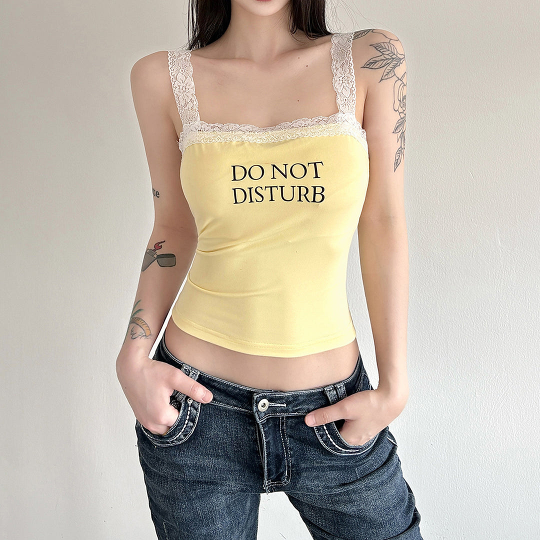 Damen Spaghetti-Trägertop mit zartem Spitzenbesatz und witzigem Schriftzug EB