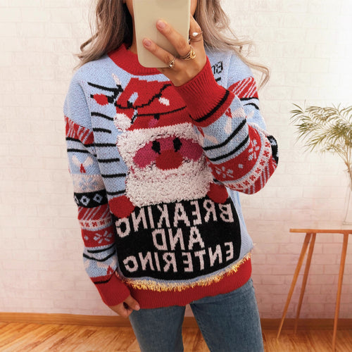 Damen Weihnachts-Pullover mit kreativem Rentier-Motiv und fröhlichem Design EB