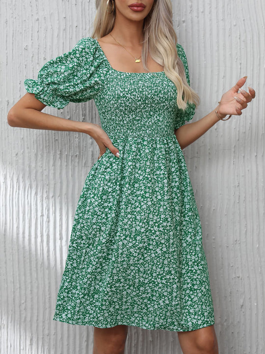 Damen Blumenkleid mit Puffärmeln und Gummizug EB