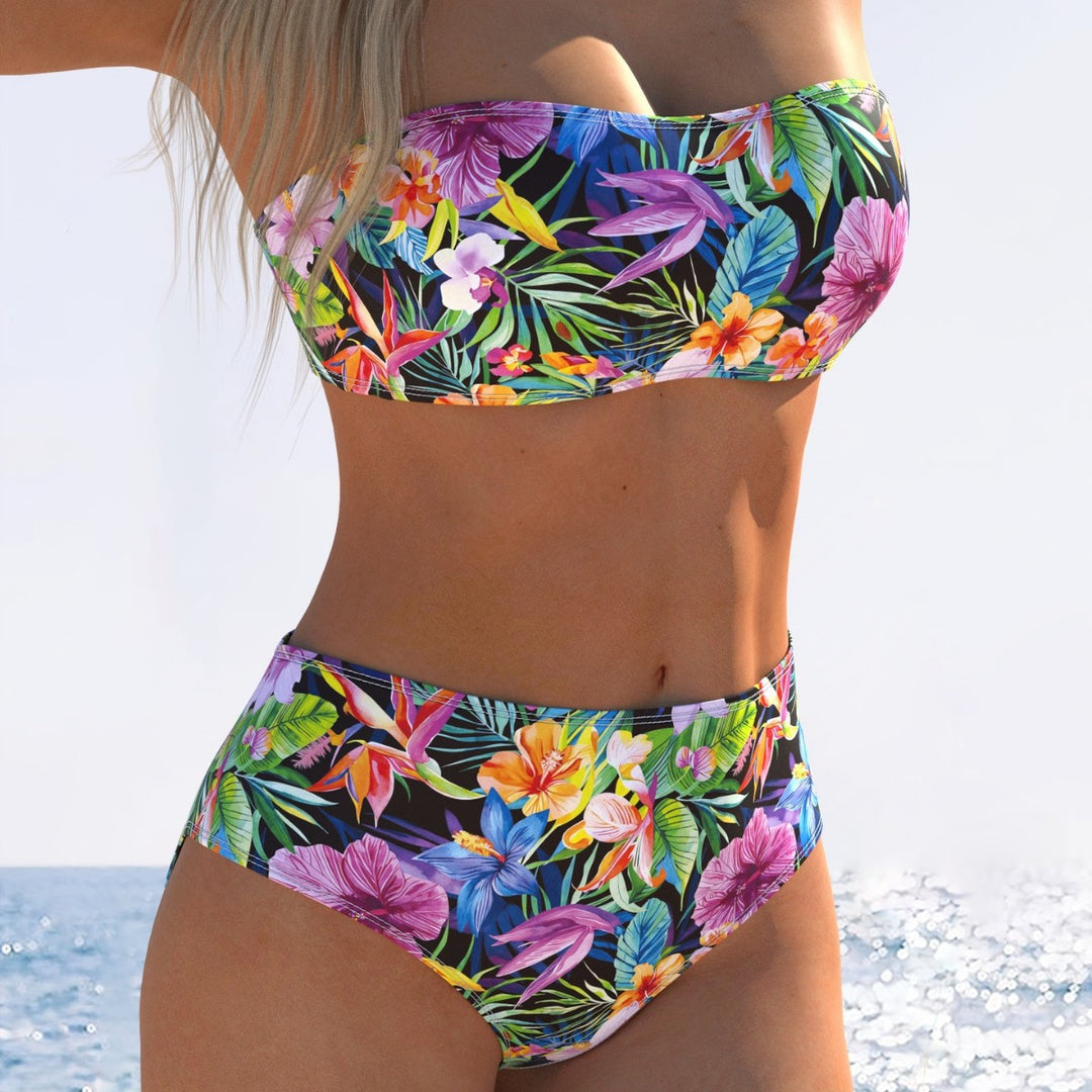 Damen Bandeau-Bikini mit hohem Taillenschnitt und buntem Tropenmotiv EB