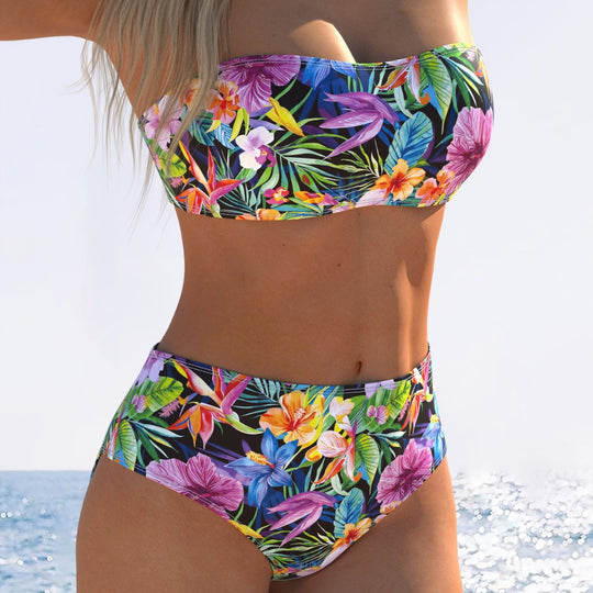 Damen Bandeau-Bikini mit hohem Taillenschnitt und buntem Tropenmotiv EB