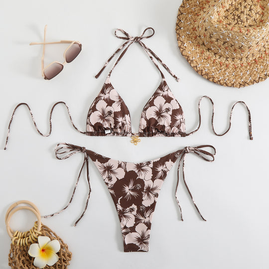 Damen Triangel-Bikini mit floralem Design und verstellbaren Trägern EB