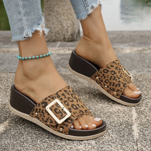 Damen Komfortable Wedge-Sandalen mit modischem Leopardenmuster EB