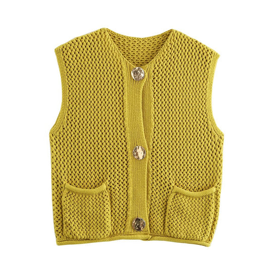 Damen Strickweste mit Taschen und dekorativen Knopfdetails EB
