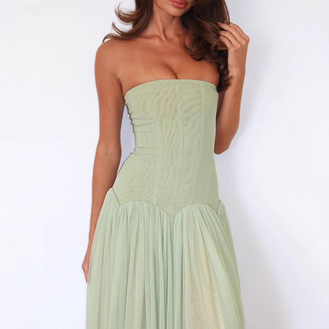 Damen elegantes, trägerloses Maxikleid mit fließendem Tüllrock EB