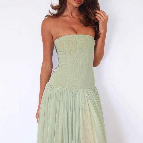 Damen elegantes, trägerloses Maxikleid mit fließendem Tüllrock EB