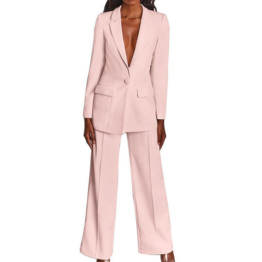 Damen nan eleganter Longline-Blazer mit tiefem V-Ausschnitt und weitem Palazzo-Hosenanzug EB