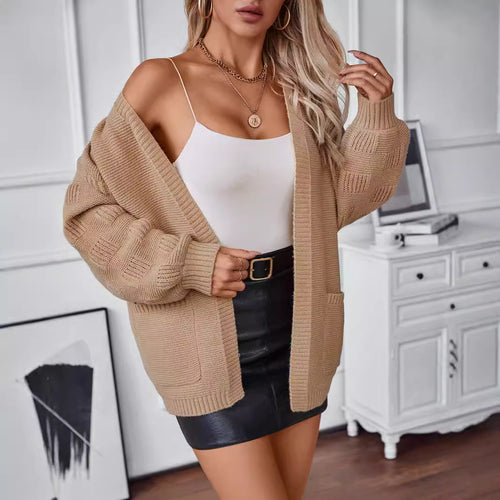 Damen weit geschnittene Strickjacke mit Taschen und strukturiertem Ärmel EB