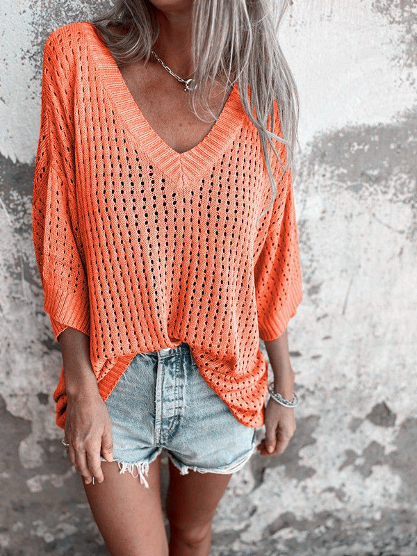 Damen nan luftig gestrickter V-Ausschnitt Pullover im Oversize-Schnitt EB