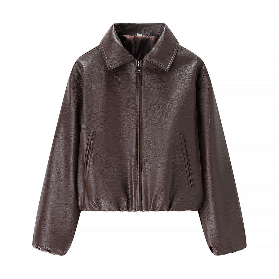 Damen nan kurze Glanz-Kunstlederjacke mit Hemdkragen, verdecktem Reißverschluss und elastischem Bund EB