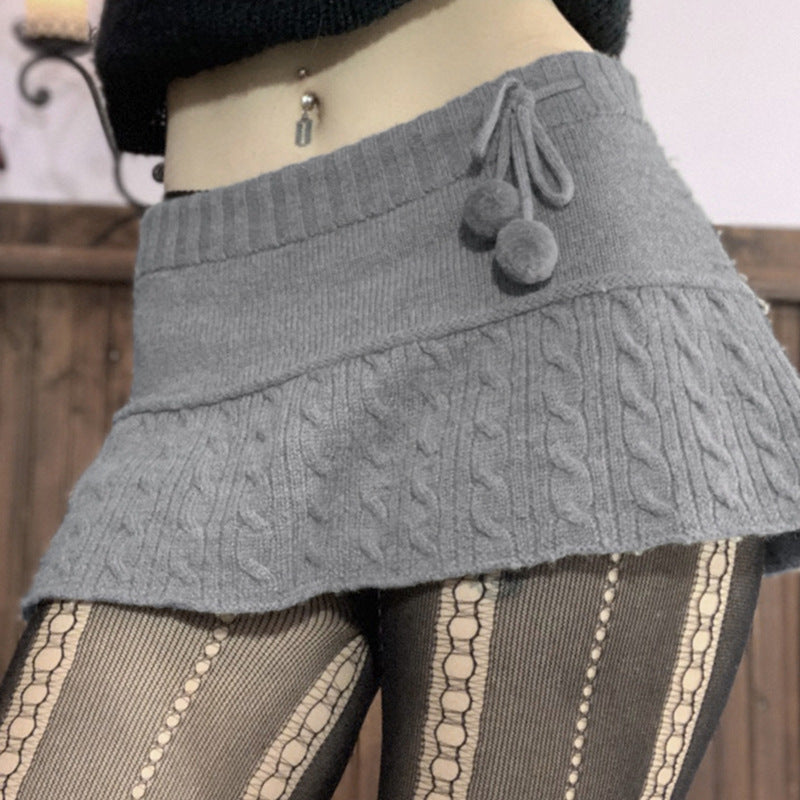 Damen gestrickter Minirock mit dekorativen Pompons und elastischem Bund EB