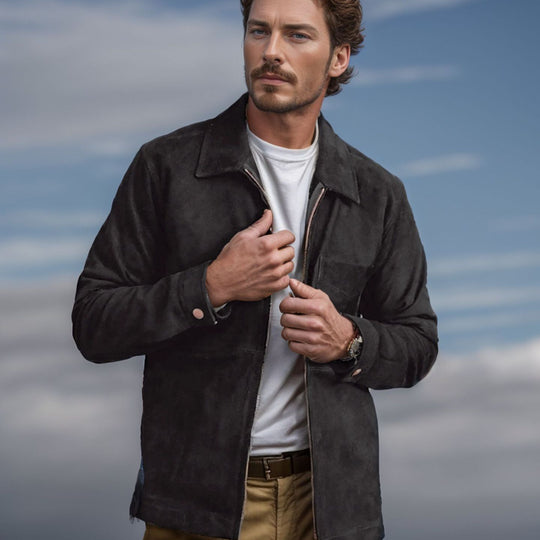 Herren modische Wildlederjacke mit Reißverschluss und Brusttasche EB