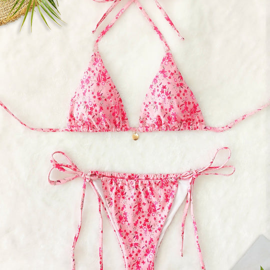 Damen Triangel-Bikini mit floralem Leopardenmuster und verstellbaren Bindebändern EB