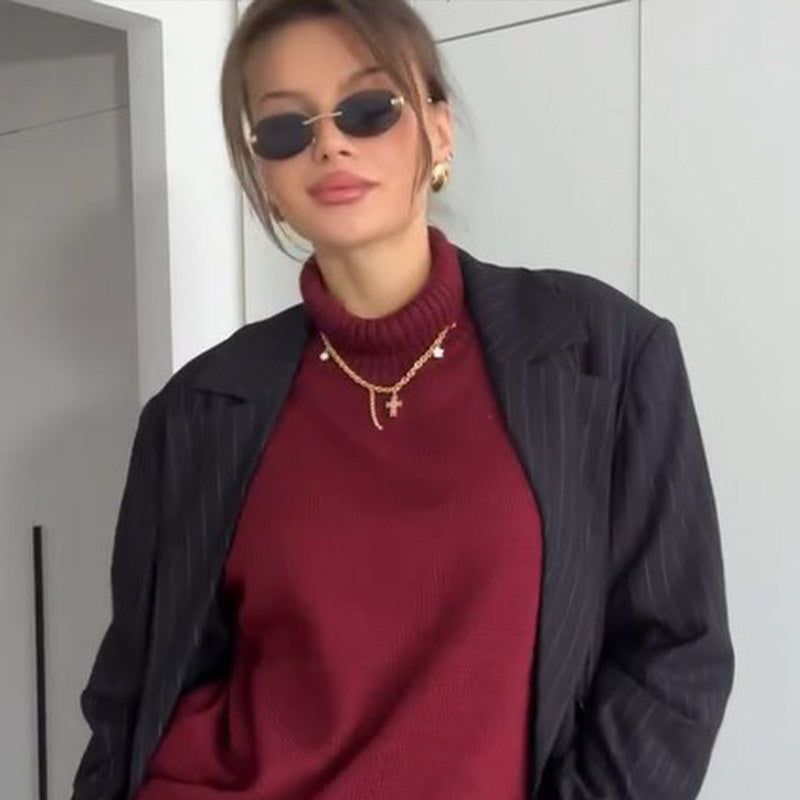 Damen Oversized Pullover mit hohem Kragen aus hochwertiger Baumwolle EB