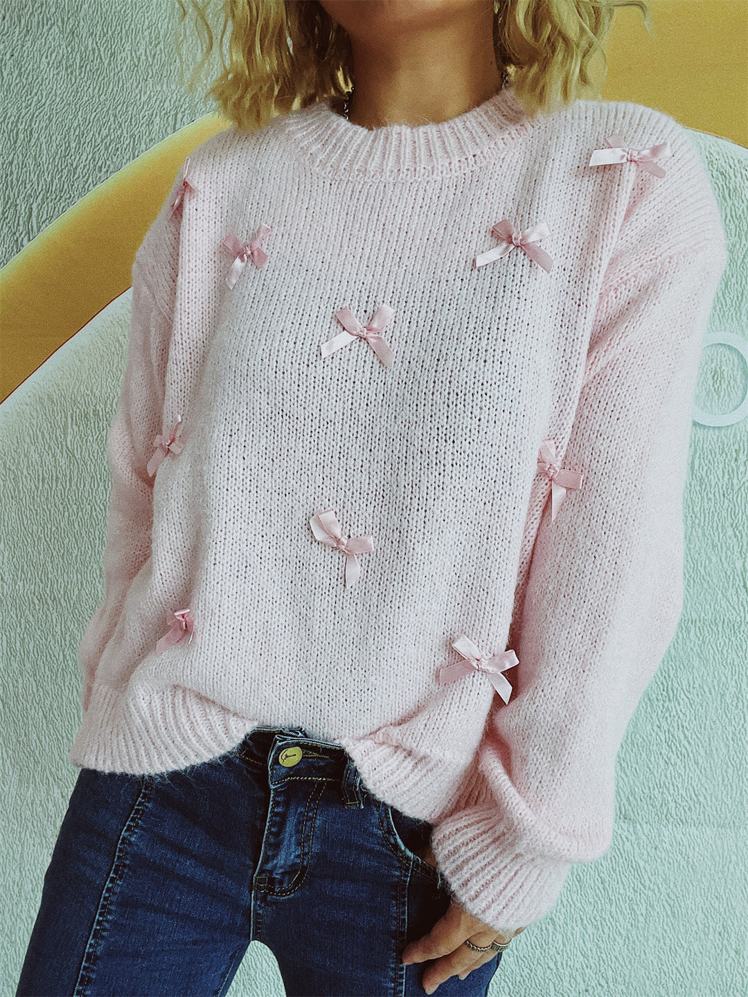 Damen Strickpullover mit verspielten Schleifenakzenten EB