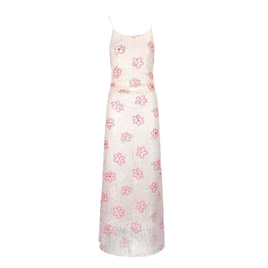 Damen Maxikleid mit floralem Spitzenmuster und verstellbaren Trägern EB