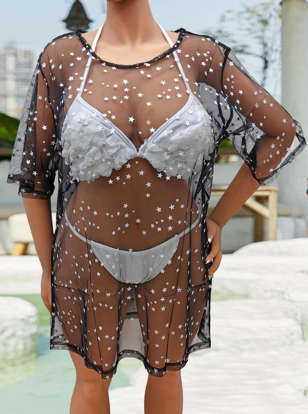 Damen transparenter Strandüberwurf mit funkelnden Sternen EB