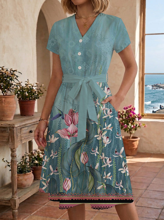 Damen Blühendes Midikleid mit taillierbarem Gürtel und kunstvollem Print EB