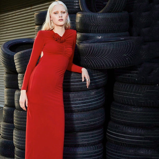 Damen Elegantes langes Wickelkleid mit Rüschendetails EB