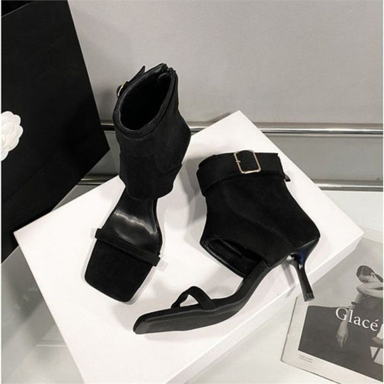Damen elegante Ankle Boots mit modischem Riemen und hohem Absatz EB
