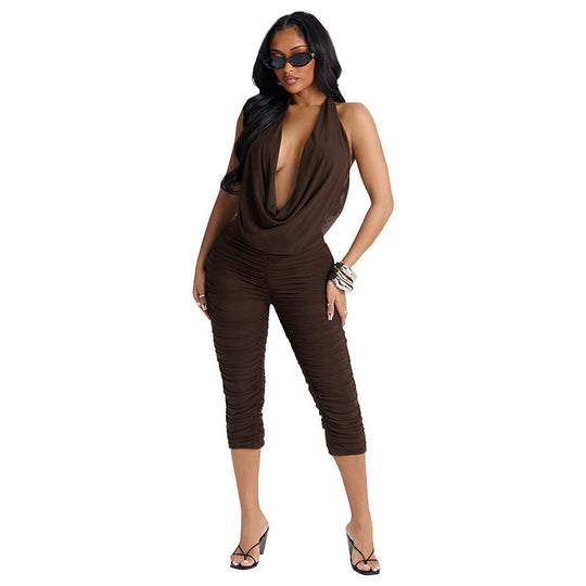 Damen Eleganter und figurbetonter Jumpsuit mit tiefem V-Ausschnitt und Raffungen EB