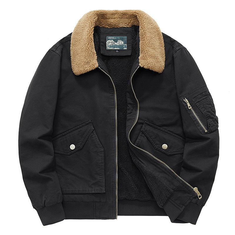 Men's  sherpa-lined cotton canvas aviator jacket with zip sleeve pocket EB