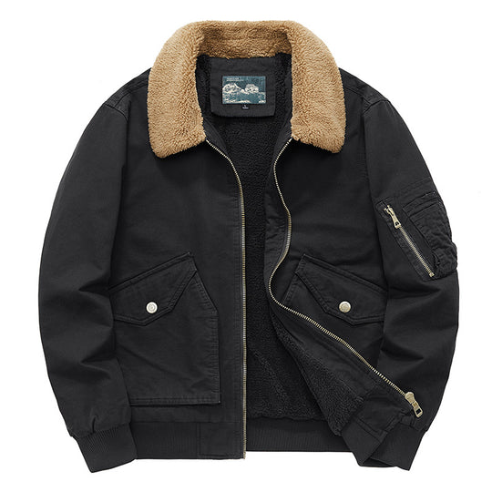 Men's  sherpa-lined cotton canvas aviator jacket with zip sleeve pocket EB