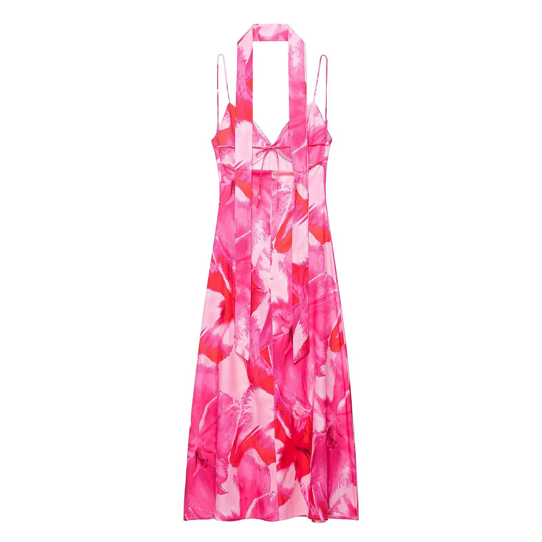 Damen Maxikleid mit floralen Akzenten und schickem Halterneck EB