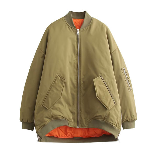 Damen modische Oversized Bomberjacke mit funktionalen Taschen und sportlichem Design EB