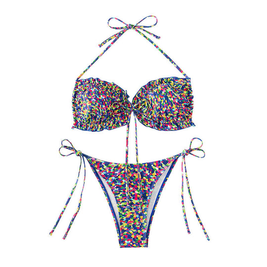 Damen Bikini mit sexy hoch geschnittenem Slip und buntem Design EB