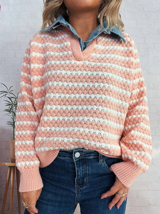 Damen Strickpullover mit tiefem V-Ausschnitt und markantem Streifenmuster EB