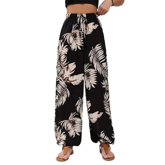 Damen Weite Strandhose mit tropischem Blattmuster und elastischem Bund EB