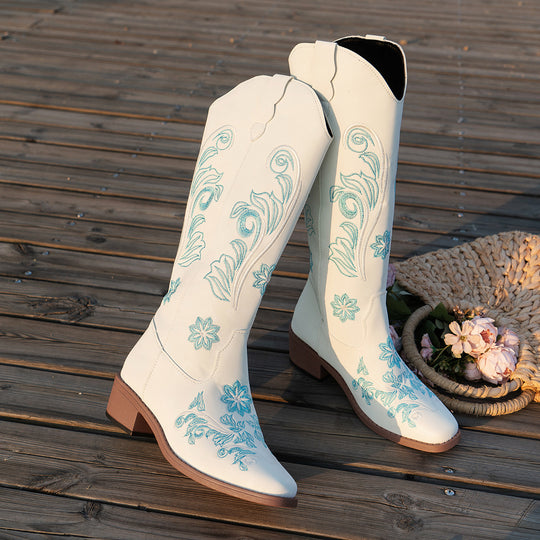 Damen Cowboy-Stiefel mit handgefertigten floralen Details und bequemem Blockabsatz EB