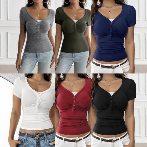 Damen figurbetontes Kurzarmshirt mit Knopfleiste und Raffung EB