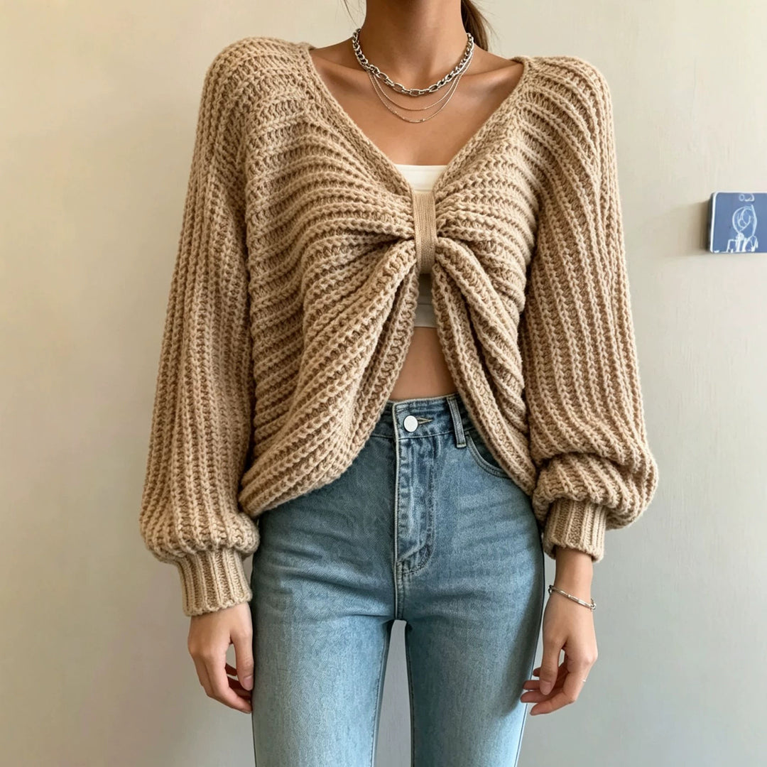 Damen Cropped Strickcardigan mit Knotendetail und Ballonärmeln EB