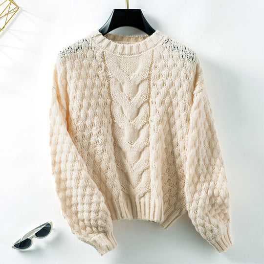 Damen gemütlicher Strickpullover mit strukturiertem Zopfmuster und lässigem Schnitt EB