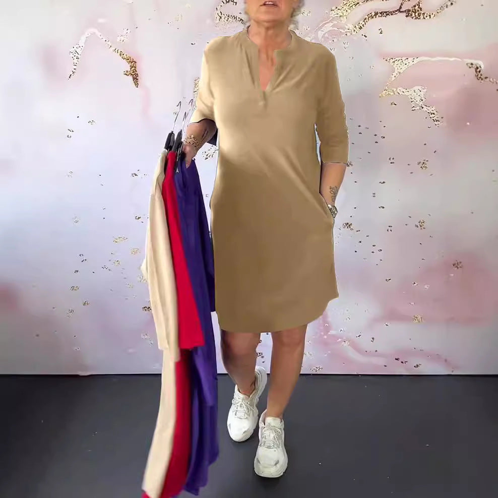 Damen nan knielanges legeres Jerseykleid mit Stehkragen und V-Ausschnitt EB