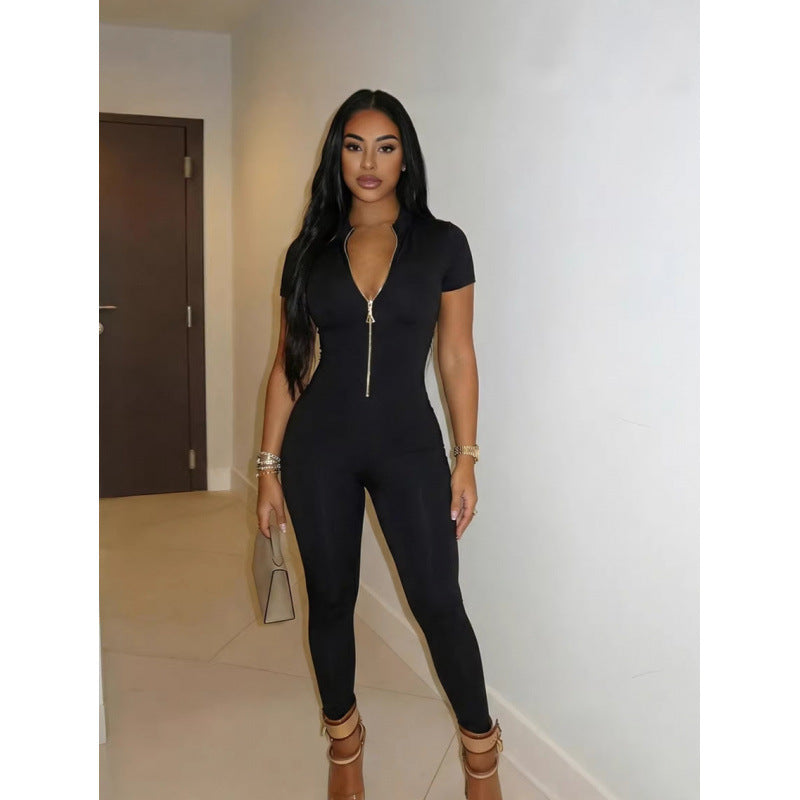 Damen Figurbetonter Jumpsuit mit hohem Ausschnitt und Reißverschluss EB
