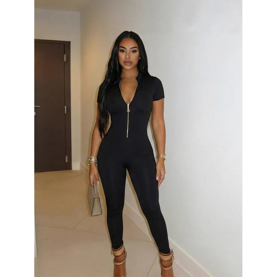 Damen Figurbetonter Jumpsuit mit hohem Ausschnitt und Reißverschluss EB