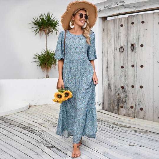 Damen Maxikleid mit Puffärmeln und voluminösem Saum EB
